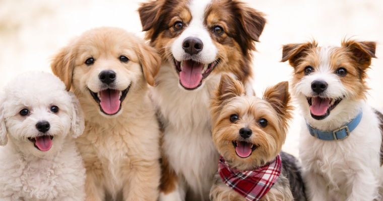 pięć zadowolonych piesków